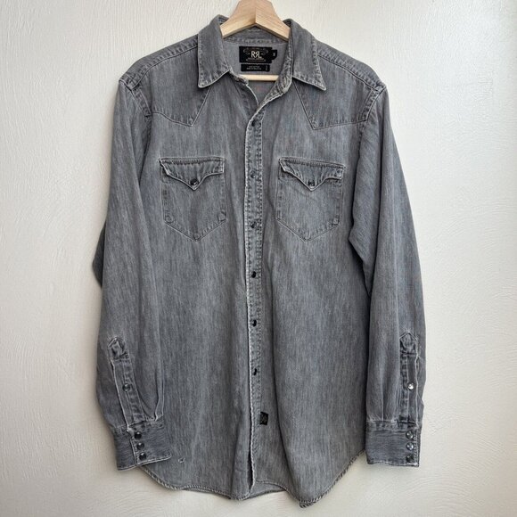 Vintage RRL Ralph Lauren Mens Gray Western Denim Shirt Size Medium Pearl Snap - Picture 1 of 16